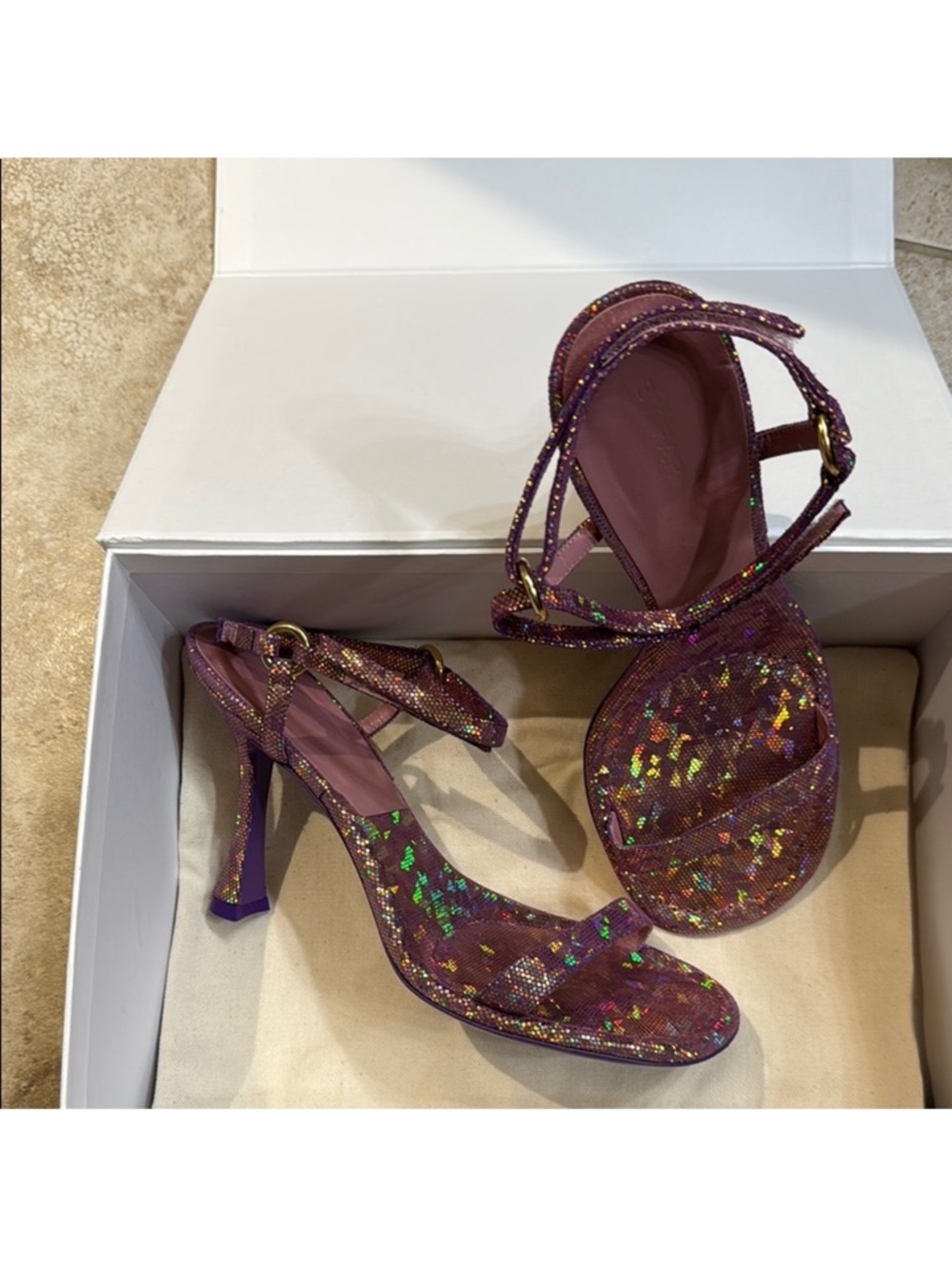 BY FAR Purple Iridescent Strappy Heels